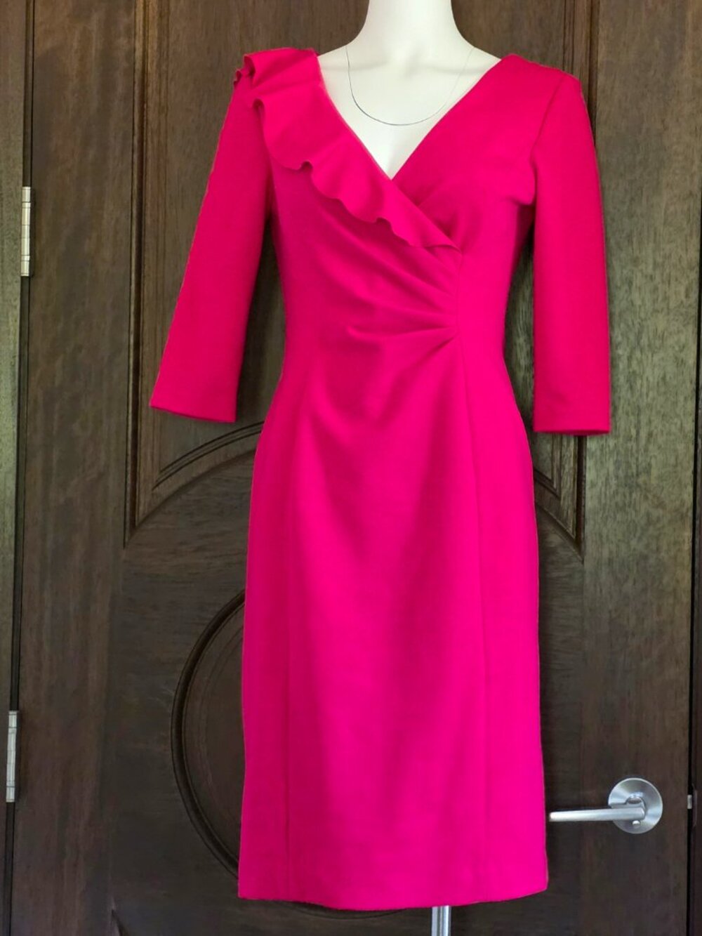 NWT KAY UNGER NY Size 6 BRIGHT PINK Lined Poly/Spandex Dress Ruffles Rouching